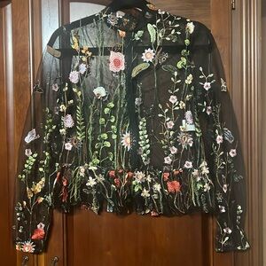 Black embroidered sheer long sleeve top Size S